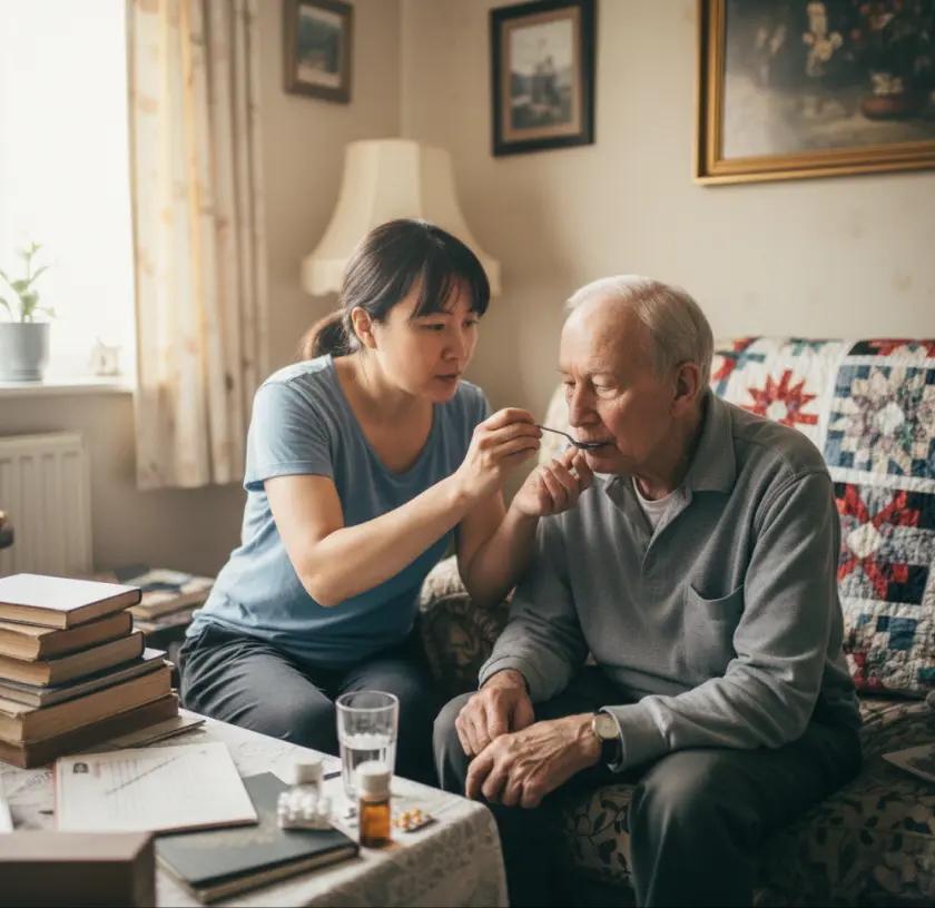 A female carer feeds an elderly man medicine
